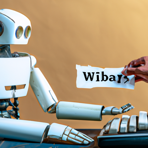 A writer working at a desk with a robot sitting alongside offering help